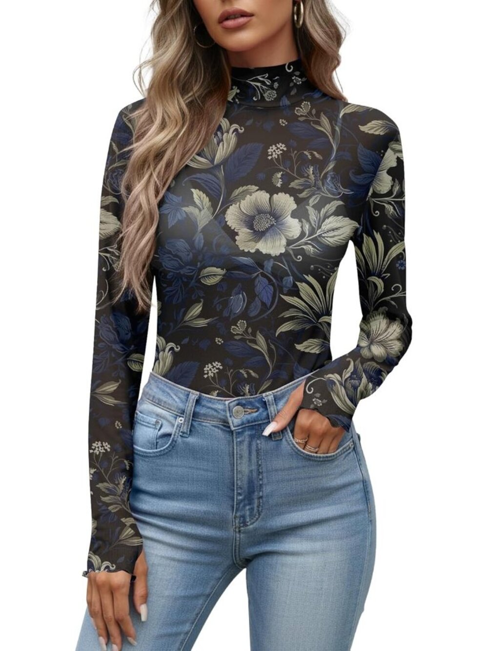 Women's Blue Polyester Mesh Top Blouse Party Clubwear Long Sleeve Shirt
